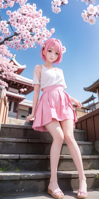 masterpiece, best quality, aesthetic,1 girl,Simple Sakura, cherry blossoms, short-hair, pink_hair, temple, tree, stairs, sky, pink eyes
,Simple Sakura , hina, 