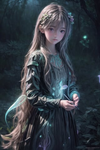 Ultra detailed illustration of a girl lost in a magical world of wonders, glowy, bioluminescent flora, incredibly detailed, pastel colors, handpainted strokes, visible strokes, digital art, art by Mschiffer, night, dark,  bioluminescence
