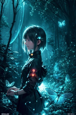 Ultra detailed illustration of a girl lost in a magical world of wonders, short hair,  glowy, bioluminescent flora, incredibly detailed, digital art, art by Mschiffer, night, red and blue bioluminescence,firefliesfireflies