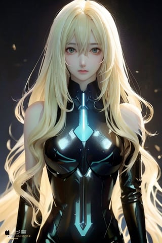 full shot of body,  a beautiful final fantasy style girl, (long wavy blonde hair), pale skin, fair skin,  clean detailed faces, black suit, GANTZ suit, analogous colors, glowing shadows, beautiful gradient, depth of field, clean image, high quality, high detail, high definition, Luminous Studio graphics engine, amazing pose, 