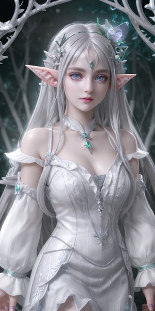(((HDR, Ultra detailed illustration of a elf ))) with crown lost in a magical world full of wonders forest, unique luminous flora, highly detailed, pastel colors,  digital art, art by Mschiffer, night, dark, grey bioluminescence, (darkness background:1.2), 1girl, white skin, pale skin, Beauty white girl,  ((white elf)), beautiful white female in hyperdetailed white ruffled dress, gorgeous hyperdetailed white hair, pale_skin, flushed face, perfect symmetrical eyes, dreadlocks, silver jewels, silver-ornated white_goth_dress, (high detailed skin: 1.2),,Realism,more detail , (((grey eyes, big eyes)))