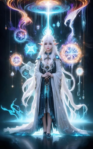 (masterpiece,  top quality,  best quality,  official art,  beautiful and aesthetic:1.2),(white girl, white hair, white elf:1.235), (1girl), (big eyes,1.2566), extreme detailed, (abstract,  fractal art:1.3), colorful hair, highest detailed,  detailed_eyes,  fire,  water,  ice,  lightning,  light_particles,  ghost, dark theme, black background, dark background,  full body shot, bioluminescence, (flashes of magical spells:1.3214), static electricity
,more detail ,DonMDj1nnM4g1cXL ,Holy light