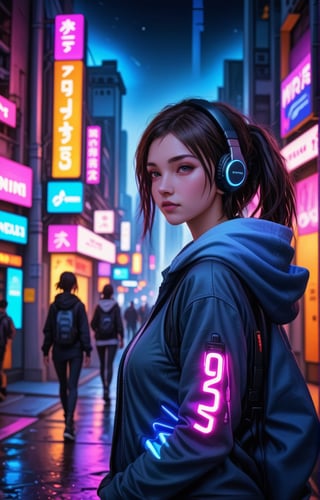 ((masterpiece)), ((best quality)), ((illustration)), Dreampolis, hyper-detailed digital illustration, cyberpunk, single girl with techsuite hoodie and headphones in the street, neon lights, lighting bar, city, cyberpunk city, film still, backpack, in megapolis, pro-lighting, high-res, masterpiece,<lora:659095807385103906:1.0>