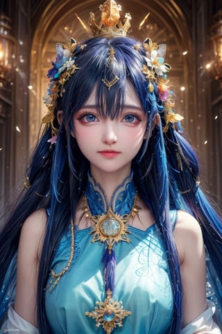 In this dazzling and spirited portrait, a young woman is gracefully portrayed with an array of delicate flowers interwoven into her long, flowing hair. She gazes confidently at the viewer, her mesmerizing blue eyes accentuated by subtle, tasteful makeup. The woman dons a regal crown adorned with large, intricately detailed flowers that harmonize with the smaller blossoms in her hair. She is decked out in an array of resplendent gold jewelry that shimmers in the light, including a stunning medallion featuring a captivating blue gemstone at its heart.
