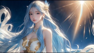 A medium shot, a young girl, 1girl, beautiful long flowing golden hair , wearing a flowing blue and white dress made of waves, representing beauty and elegance. 8K photograph, at sunset, against a radiant and rainbow-like holographic background, a dynamic pose. Final fantasy styles, center image, a highlight in the middle of a journey.,1 girl,