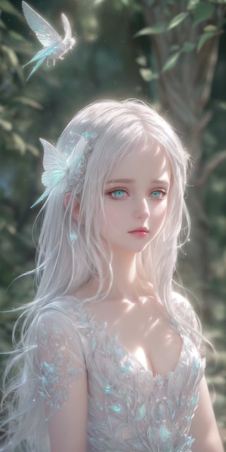 medium full shot, details face, white skin, white hair, white, Ultra detailed illustration of an goddess lost in a magical world full of wonders, ((unique luminous forest)), highly detailed, pastel colors,  digital art, art by Mschiffer, night, dark, ((natural eyes)), bioluminescence,Holy light,Angel,1 girl