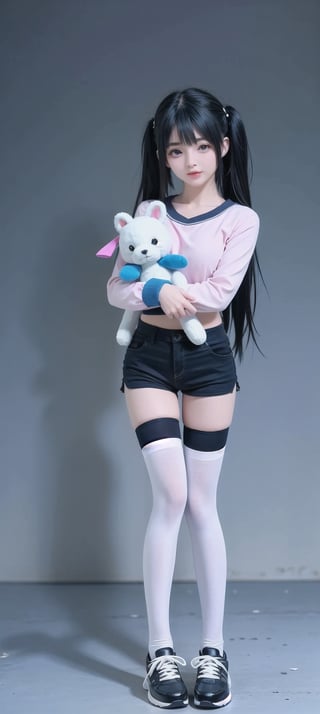 1 korean girl, solo, long hair, open mouth, bangs, blue eyes, simple background, shirt, thigh highs, long sleeves, simple dark blue background, bow, holding, blue hair, standing, full body, hair bow, multi colored hair, (left eye closed, right eyes open, :1.4256), shoes, shorts, striped, blunt bangs, hair bun, sweater, white thigh highs, black shirt, double bun, aqua hair, gradient hair, black shorts, stuffed toy, stuffed animal, sneakers, striped thigh highs, stuffed bunny, black sweater, holding stuffed toy,,<lora:659111690174031528:1.0>