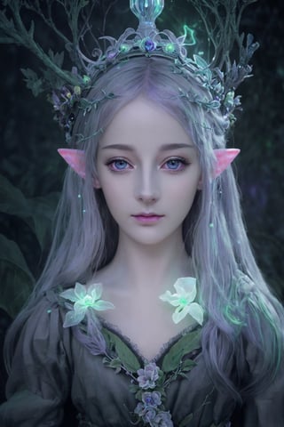 HDR, Ultra detailed illustration of a elf  with crown lost in a magical world full of wonders forest, unique luminous flora, highly detailed, pastel colors,  digital art, art by Mschiffer, night, dark, grey bioluminescence, (darkness background:1.2), 1girl, white skin, pale skin, 