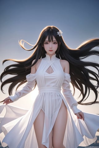 (8k, best quality, masterpiece:1.2),(best quality:1.0), (ultra highres:1.0), hyper realistic image of a stunning woman with long hair, a beautiful goddess, ((extremely luminous bright design)), autumn lights, (((long hair, floating hair by the wind))), floating city at horizon, smog, fog, (((wearing a sheer, long dress, white))), ((medium shot, upper body, portrait)), medium breast, ,more detail XL,style,,<lora:659111690174031528:1.0>