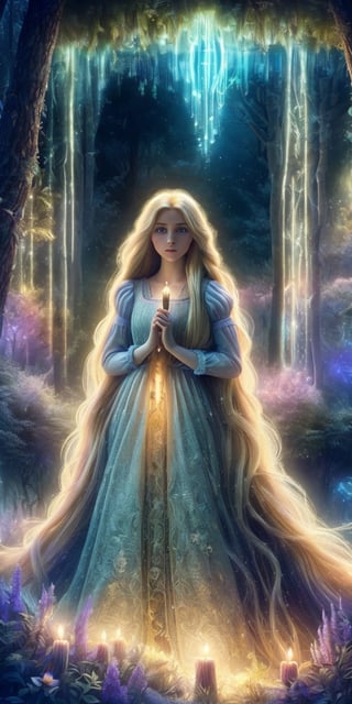 Ultra detailed illustration of a girl lost in a magical world full of wonders forest, highly detailed, digital art, art by Mschiffer, night, dark, 1girl,Holy light,1 girl, a girl named Rapunzel, (4 meters long hair:1.3), (glowing hair, luminesence blonde hair:1.2), ,rapunzel, full body shot, 