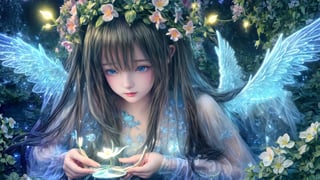 Ultra detailed illustration of an angel lost in a magical world full of wonders, unique luminous flora never seen before, highly detailed, pastel colors,  digital art, art by Mschiffer, night, dark, bioluminescence