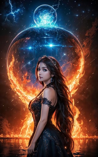 (masterpiece,  top quality,  best quality,  official art,  beautiful and aesthetic:1.5),  medium shot, low angle, (1girl), princess dress, (topless:0.8), extreme detailed, (abstract,  fractal art), long hair, floating hair, highest detailed,  detailed_eyes,  big eyes, water, ice, fire,  lightning,  light_particles,  ,midjourney,fantasy00d