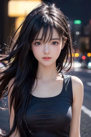 Best quality, masterpiece, ultra high res, (photorealistic:1.37), (medium full shot:1.3), raw photo, a young girl, 17 year old, long hair flowing by the wind, bangs, detailed eyes and face, perfect anatomy. dynamic lighting, in the dark, deep shadow, low key, cinematic image, bright city, floting city on the background.
