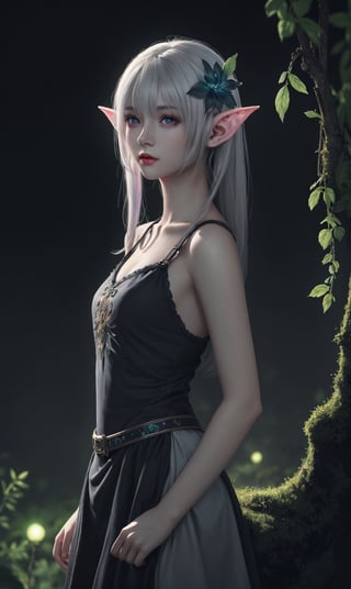 HDR, Ultra detailed illustration of a elf in a magical world full of wonders forest, unique luminous flora, highly detailed, pastel colors, digital art, art by Mschiffer, night, dark, grey bioluminescence, (darkness background:1.2), 1girl, white skin, pale skin,
