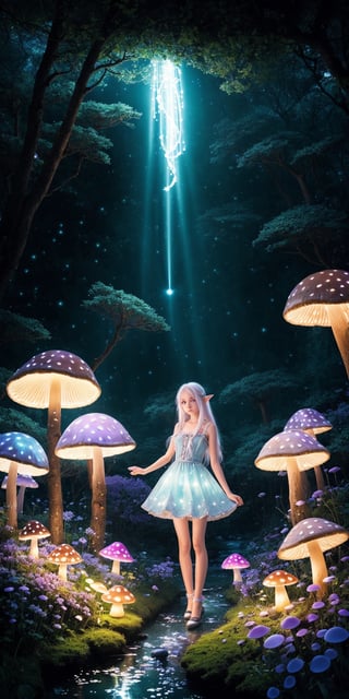 Ultra detailed illustration, a beautiful elf in the magical world full of unique luminous flora, pastel colors, full body shot, anime body, small breast, shoulder, arm,  digital art, night, dark,  (darkness background:1.1), 1girl, a young girl 17 years old, tiny, long legs, white skin, pale skin, (long hair, white hair:1.127), (big eyes:1.2), innocent face,  take rest at place with a lot of bioluminescence  mushrooms, fairy mushrooms, fairy trees, meadow, field, lanterns, candles, light, lake, water, raindrops, waterstream, soap bubbles, huge mushrooms, houses, huts, fantasy fairy girls, people, humans, lampposts, lamp posts, water fountain, fairyland portal, portal to fairyland, huge mushrooms, bioluminescence meadow, high contrass, low shadow, high hill shoes, long legs, ,