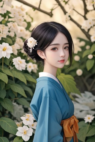 1 girl, big eyes, cute face, hair clip, updo hairstyles, brown hair, solo, from side, looking to viewer, upper body, (wearing traditional Japanese clothing:1.7), detailed background, detailed face, flowers mage, happy , nature themed mage clothes, organic jewelry, (green color scheme:1.1), emanating natural energy, dynamic pose, butterflies, , verdant nature, , spreading nature, , bloom flowercaster, roses, , primroses, ethereal atmosphere,, Realism  ,,masterpiece,<lora:659111690174031528:1.0>