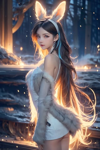 middle body shot, medium shot, furry skin, fantasy, subsurface scattering, perfect anatomy, glow, bloom, bioluminescent liquid, zen style, still film, cold color, vibrant and volumetric light (masterpiece, top quality, best quality, official art, beautiful and aesthetic, 1 cat, extremely detailed, abstract, fractal art, colorful hair, more detailed, detailed_eyes, snowing, smoke bubbles, light particles, lop-eared bunny, 18 year old girl face, perfect body, five fingers, perfect hands, anatomically perfect body, sexy posture, black eyes, gray hair, very long hair, long white fur sweater dress, white fur shorts, kemono, dynamic angle, depth of field, hyper detailed, highly detailed, beautiful, small details, ultra detailed, best quality, 4k, collarbone, bare shoulders, ,midjourney,DonMDj1nnM4g1cXL 