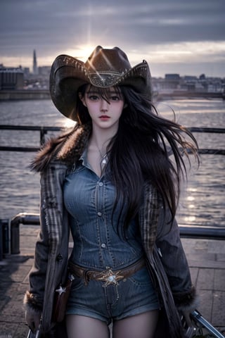 Best quality, masterpiece, ultra high res, photorealistic, (cowboy shot:1.3),  raw photo, a young girl, long hair in the wind, grey eyes, perfect body pose,  winter, thick fur jacket, dynamic lighting, in the dark, deep shadow, cinematic image, dark city, floting city on the background.