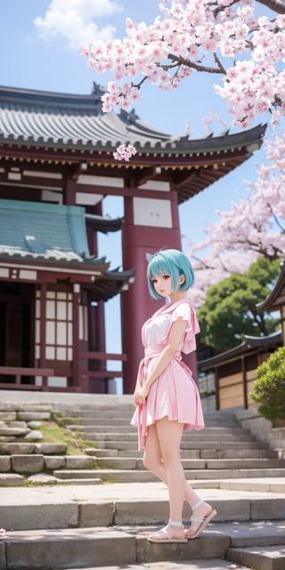 masterpiece, best quality, aesthetic,1 girl,Simple Sakura, cherry blossoms, short-hair, aqua hair, temple, tree, stairs, sky, pink eyes, hina, 