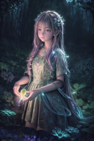 Ultra detailed illustration of a girl lost in a magical world of wonders, glowy, bioluminescent flora, incredibly detailed, pastel colors, handpainted strokes, visible strokes, digital art, art by Mschiffer, night, dark,  bioluminescence