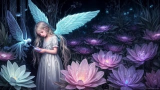 Ultra detailed illustration of an angel lost in a magical world full of wonders, unique luminous flora never seen before, highly detailed, pastel colors,  digital art, art by Mschiffer, night, dark, bioluminescence