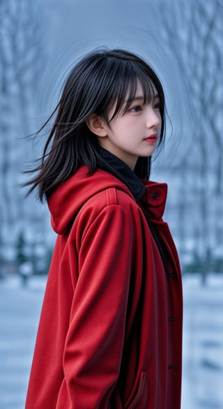  A short-haired girl standing in the snow, Red Coat, head up, breeze blowing hair, snow, snowflakes, depth of field, telephoto lens, messy hair, (close-up) , (sad) , sad and melancholy atmosphere, reference movie love letter, profile, head up, ((floating)) bangs or fringes of hair, eyes focused, half-closed, center frame, bottom to top,
,<lora:659111690174031528:1.0>