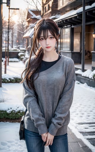 realistic photo, HDR, a woman, grey sweater, winter clothes, light snow falling, romantic atomsphere, intricate brush strokes, beautiful lighting, Color Grading, Unreal Engine, creative, expressive, stylized anatomy, digital art,   