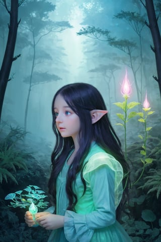 Ultra detailed illustration of a girl lost in a magical world full of wonders forest, elf, dwarf, org, ghollum, unique luminous flora, highly detailed, pastel colors,  digital art, art by Mschiffer, night, dark, bioluminescence,1girl