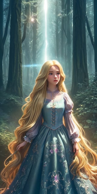 Ultra detailed illustration of a girl lost in a magical world full of wonders forest, highly detailed, digital art, art by Mschiffer, night, dark, 1girl,Holy light,1 girl, a girl named Rapunzel, (4 meters long hair:1.3), (glowing hair, luminesence blonde hair:1.2), ,rapunzel, full body shot, 