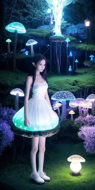 Ultra detailed illustration, a beautiful elf in the magical world full of unique luminous flora, pastel colors, full body shot, anime body, small breast, shoulder, arm,  digital art, night, dark,  (darkness background:1.1), 1girl, a young girl 17 years old, tiny, long legs, white skin, pale skin, (long hair, white hair:1.127), (big eyes:1.2), innocent face,  take rest at place with a lot of bioluminescence  mushrooms, fairy mushrooms, fairy trees, meadow, field, lanterns, candles, light, lake, water, raindrops, waterstream, soap bubbles, huge mushrooms, houses, huts, fantasy fairy girls, people, humans, lampposts, lamp posts, water fountain, fairyland portal, portal to fairyland, huge mushrooms, bioluminescence meadow, high contrass, low shadow, high hill shoes, long legs, ,