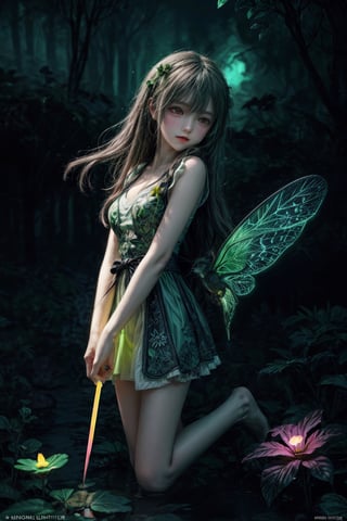 Ultra detailed illustration of a young fairy lost in a magical world of wonders, glowy, bioluminescent flora, incredibly detailed, pastel colors, handpainted strokes, visible strokes, digital art, art by Mschiffer, night, dark,  (green and yellow bioluminescence:1) 