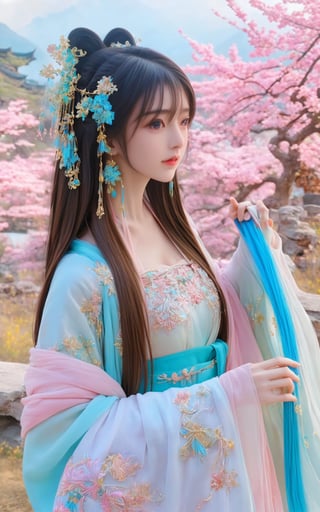 (masterpiece, top quality, best quality, official art, beautiful and aesthetic:1.2), (1girl), extreme detailed,(abstract, fractal art:1.3),highest detailed, detailed_eyes, light_particles, hanfu,jewelry, sexy, blue ,soft green, soft pink , yellow, medium shot, upper body shot, long brown hair, bangs, ,photo r3al,photo_b00ster,daxiushan