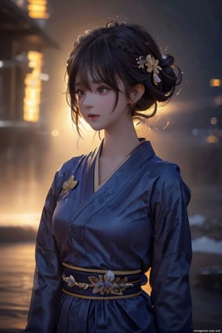 Best quality, masterpiece, very high resolution, photorealistic, (medium full shot:1.3), raw photo, a young girl, (updo hairstyles:1.4), perfect body pose, winter, wearing kimono, dynamic lighting , in the dark, deep shadows, cinematic images, dark city, dark sky, stars,DonMDj1nnM4g1cXL 