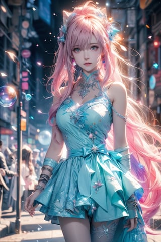 high quality, 8K Ultra HD, high detailed, masterpiece, A digital illustration of anime style, soft anime tones, Detailed illustration of many colorful soap bubbles falling from the sky on a beautiful woman, pale blue dress, colorful colors, colorful woman, pink hair, blue eye, luminism, three dimensional effect, enhanced beauty, Albert Anker, Kyoto Animation, Greg Rutkowski, Artgerm, WLOP, Alphonse Beeple, luminism, 3d render, octane render, Isometric, by yukisakura, awesome full color,midjourney