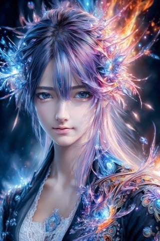 (masterpiece,  top quality,  best quality,  official art,  beautiful and aesthetic:1.2),  (1girl),  extreme detailed, (abstract,  fractal art:1.3), colorful hair, highest detailed,  detailed_eyes,  fire,  water,  ice,  lightning,  light_particles,  ghost
