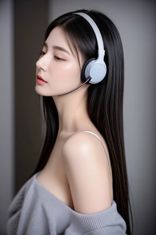 HDR, amazing super Ilustrastion, imagination, a beautiful girl wearing a (big headset:1.3), listens to very melodious music, until she is carried away by a comfortable, calm atmosphere, close her eyes, illustrations of (blocks of notes background:1.26) , grey sweater, indoor, side view, head up, big boobs, right shoulder, (chin up:1.2), long hair, intricate hairstyles, ,<lora:659111690174031528:1.0>
