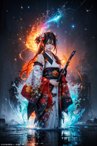 (masterpiece,  top quality,  best quality,  official art,  beautiful and aesthetic:1.2),  medium full shot, (1girl), tiny and tall,  kimono girl, extreme detailed, (abstract,  fractal art:1.3), colorful hair, highest detailed,  detailed_eyes,  fire,  water,  ice,  lightning,  light_particles,  ,midjourney