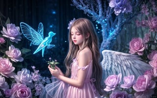 Ultra detailed illustration of an angel lost in a magical world full of wonders, unique luminous flora never seen before, highly detailed, pastel colors,  digital art, art by Mschiffer, night, dark, bioluminescence, looking_at_viewer