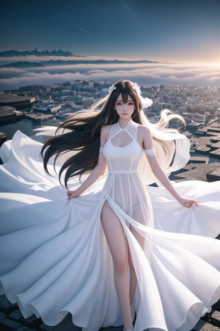 (8k, best quality, masterpiece:1.2),(best quality:1.0), (ultra highres:1.0), hyper realistic image of a stunning woman with long hair, a beautiful goddess, ((extremely luminous bright design)), autumn lights, (((long hair, floating hair by the wind))), floating city at horizon, smog, fog, (((wearing a sheer, long dress, white))), ((medium shot, upper body, portrait)), medium breast, ,more detail XL,style,,<lora:659111690174031528:1.0>