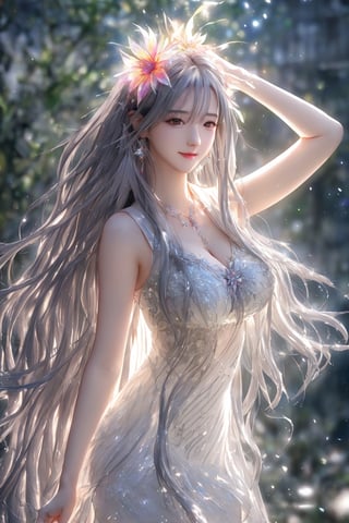 ((Masterpiece)), ((High resolution)), ((Fine detail)), (High-definition CG), high contrast, HDR, (official art), (volumetric lighting:1.3), (Backlight:1.1), (glowing:1.2), (illustration:1.3), a portrait of a hyperrealistic pretty goddess, medium shot, portrait, fair skin,  plunging silky white thin dress , shiny, long hair, (dark grey hair:1.4), hands up, armpit, alluring face, medium bust, (round breast), natural thin smile with big flower on ear, dynamic pose, clear river background, sunshine,fantasy00d,1 girl