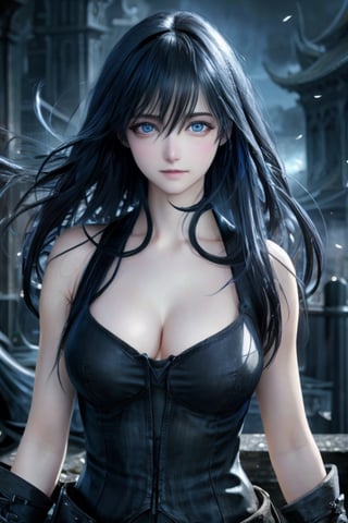 Best quality, masterpiece, ultra high res, (photorealistic:1.37), final fantasy styles, a young and serious woman, long black dark hair in the wind, blue eyes, detailed eyes and face, perfect anatomy. Medium round breast. perfect fingers. work cloths with intricate details, dynamic lighting, in the dark, deep shadow, low key, cinematic image,bright city, floting city on the background. 