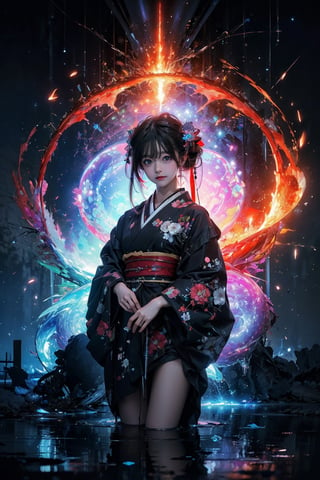 (masterpiece,  top quality,  best quality,  official art,  beautiful and aesthetic:1.2),  medium full shot, (1girl), tiny and tall,  kimono girl, extreme detailed, (abstract,  fractal art:1.3), colorful hair, highest detailed,  detailed_eyes,  fire,  water,  ice,  lightning,  light_particles,  ,midjourney