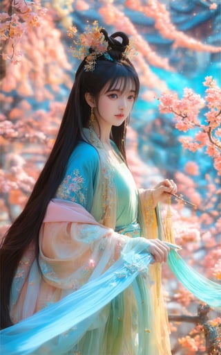 (masterpiece, top quality, best quality, official art, beautiful and aesthetic:1.2), (1girl), extreme detailed,(abstract, fractal art:1.3),highest detailed, detailed_eyes, light_particles, hanfu,jewelry, sexy, blue ,soft green, soft pink , yellow, medium shot, upper body shot, long brown hair, bangs, ,photo r3al,photo_b00ster,daxiushan