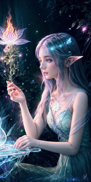 Ultra detailed illustration, a beautiful elf lost in a magical world full of wonders, (unique luminous flora:1.3), highly detailed, pastel colors,  digital art, art by Mschiffer, night, dark, bioluminescence, (magical aura , spell, fire, circle,  water, ice, fire, lightning, light_particles:1.2)