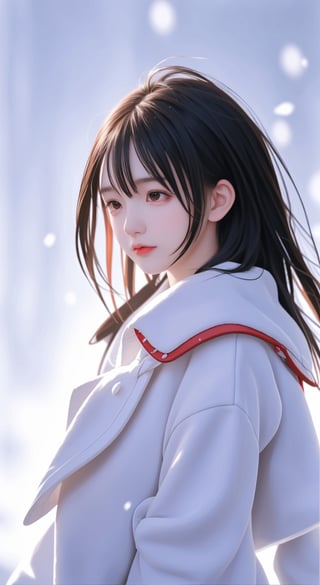  A short-haired girl standing in the snow, Red Coat, head up, breeze blowing hair, snow, snowflakes, depth of field, telephoto lens, messy hair, (close-up) , (sad) , sad and melancholy atmosphere, reference movie love letter, profile, head up, ((floating)) bangs or fringes of hair, eyes focused, half-closed, center frame, bottom to top,
,1 girl,<lora:659111690174031528:1.0>
