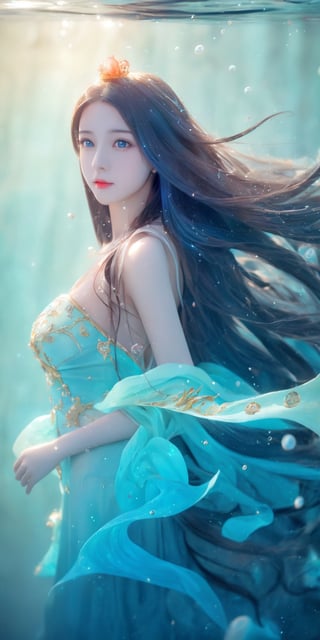 1girl, colossal, facial mark, light particles, depth of field, dark seas, water, underwater, sea foliage foreground, colorful, underwater cave, dripstone, stalactite, stalagmite, buccaneer, fur-trimmed cape, corals, sea anemone, sea weed, coral reef scenery, golden treasure, golden pile, water caustics, glowing jellyfish, bubbles, treasure chest, from above, close-up, highres, calca, blue-blonde hair, long hair, medium chest, ((extremely long hair)), very long hair, extra long hair, (((floating hair, flowing hair))) ,white tiara, white dress, blue eyes
,1 girl