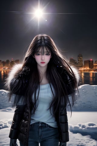 Best quality, masterpiece, ultra high res, photorealistic, (medium shot:1.3),  raw photo, a young girl, long hair in the wind, perfect body pose, snow, winter, thick fur jacket, dynamic lighting, in the dark, deep shadow, cinematic image, dark city, floting city on the background.