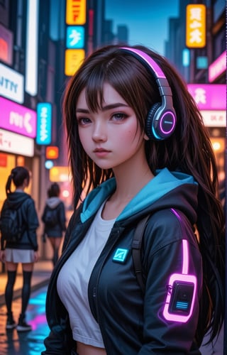 ((masterpiece)), ((best quality)), ((illustration)), Dreampolis, hyper-detailed digital illustration, cyberpunk, single girl with techsuite hoodie and headphones in the street, neon lights, lighting bar, city, cyberpunk city, film still, backpack, in megapolis, pro-lighting, high-res, masterpiece, pony hair, long pony, bangs,,<lora:659095807385103906:1.0>
