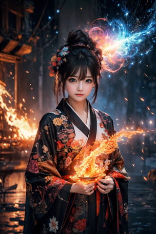 (masterpiece,  top quality,  best quality,  official art,  beautiful and aesthetic:1.2),  medium full shot, (1girl), tiny and tall,  kimono girl, extreme detailed, (abstract,  fractal art:1.3), colorful hair, highest detailed,  detailed_eyes,  fire,  water,  ice,  lightning,  light_particles,  ,midjourney