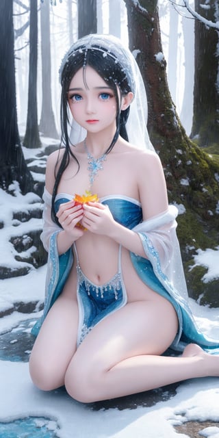 A beautiful veiled girl,  a magical ice with white skin and glowing blue crystalline , fantasy, snow, ice, digital art, a diminutive gently crying little wizard with tears as big as dew drops sitting in the rain on a leaf covered by moss, snowy forest background, tiny flowers, sparkling with frosty snow dew and snow drops, red orange and yellow colors through dappled sunlight,perfecteyes eyes, SFW, 


Xueer,hina